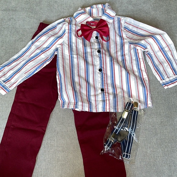 Toddler Boy’s Button Down With Pants Bowtie And Suspenders - Picture 1 of 8